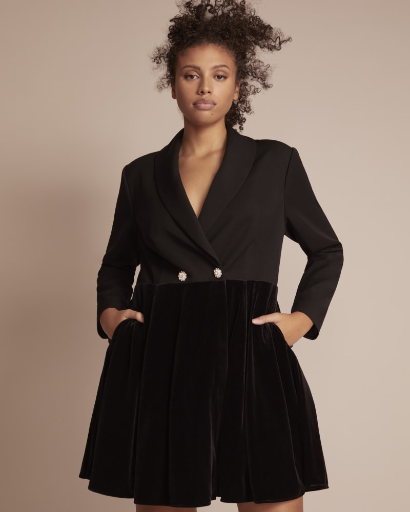 Front of a model wearing a size 14 Laura Blazer Dress in Black by 11 Honoré Collection. | dia_product_style_image_id:235865